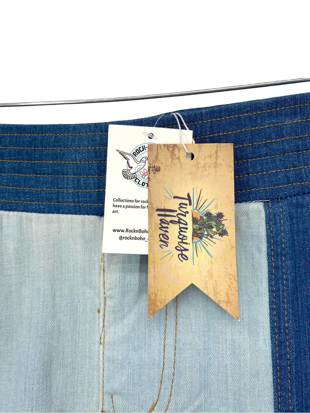 Turquoise Haven Two Tone Patchwork Flare Jeans New Medium Size 12-14 - Picture 2 of 10